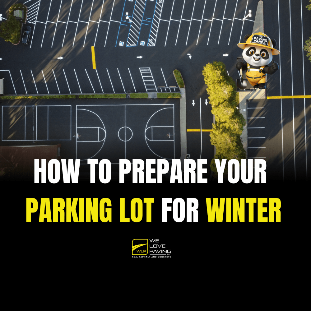 A clean and freshly striped parking lot with the WLP Paving Panda mascot and the text 'How to Prepare Your Parking Lot for Winter' by We Love Paving.