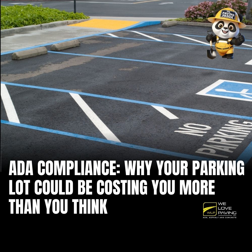 ADA-compliant parking lot with freshly painted handicap spaces, blue striping, and concrete curb ramp with tactile warning surface.
